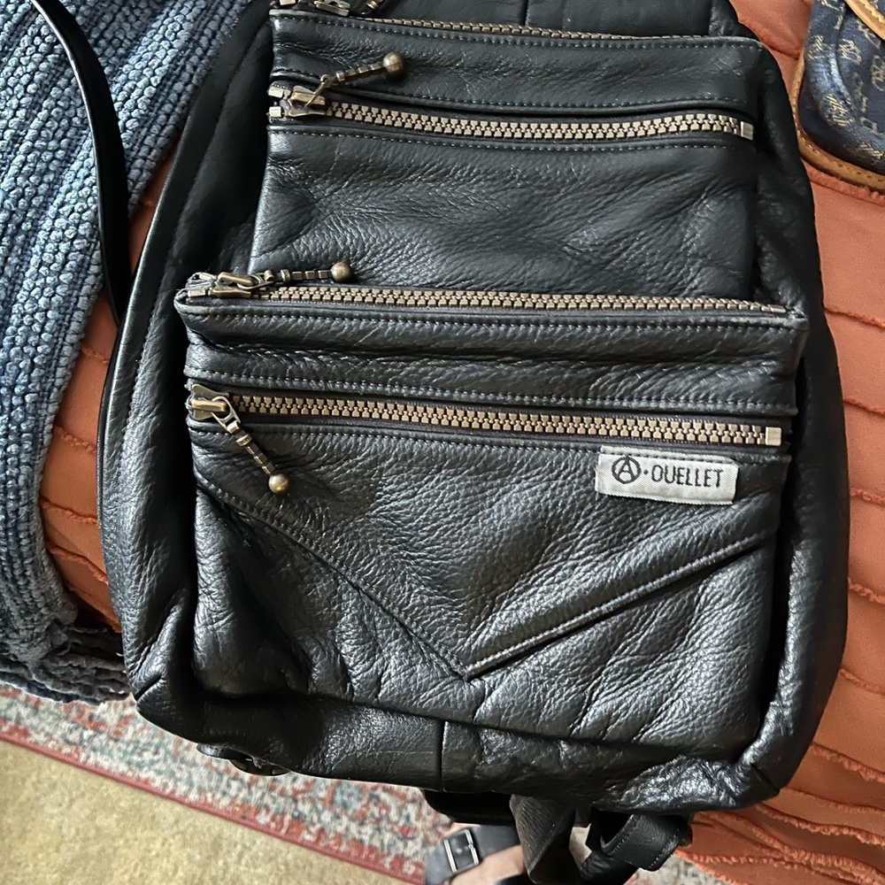 Oullet Black Multi-Zip Leather Crossbody Backpack